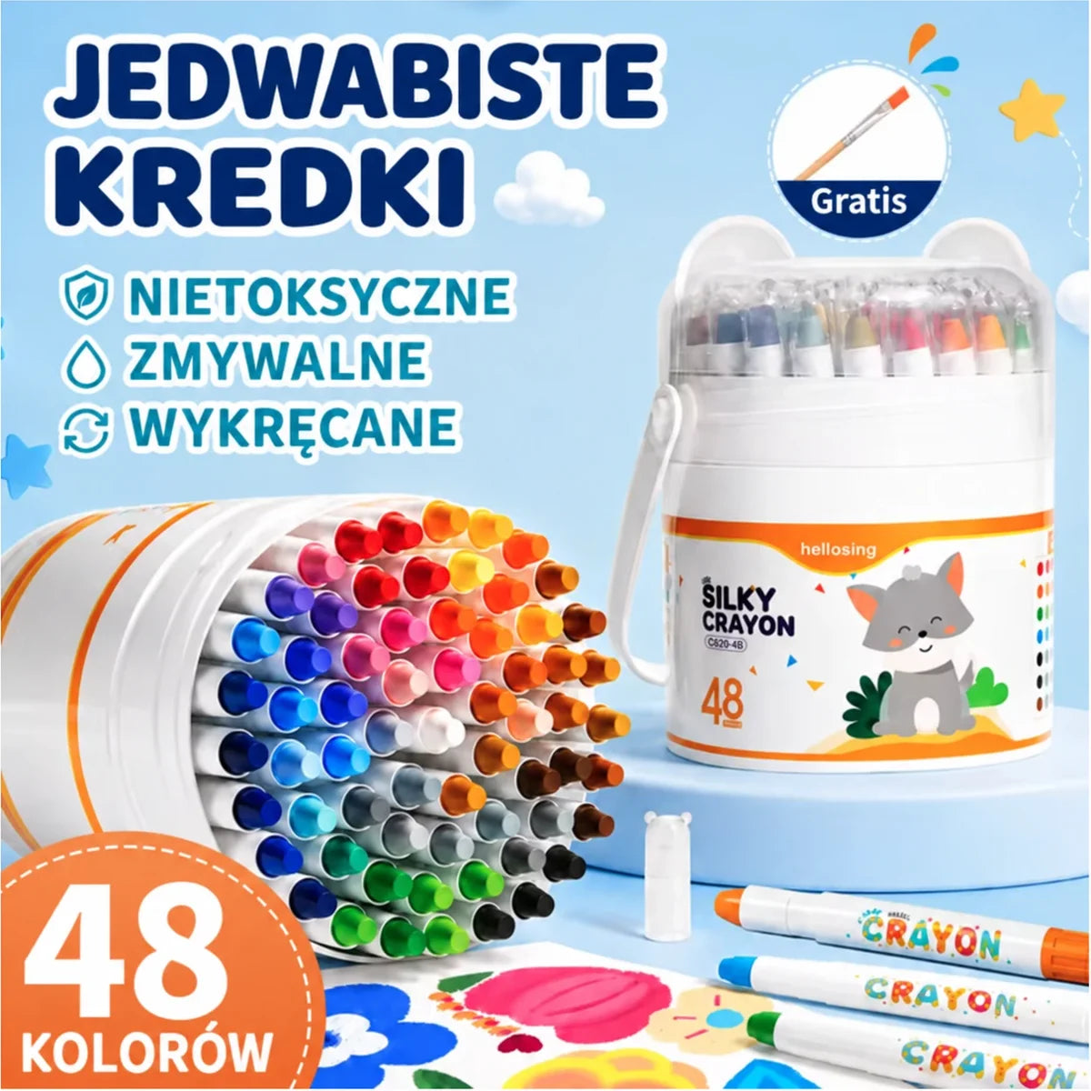 Jedwabiste kredki 48 kolorów z pędzelkiem gratis